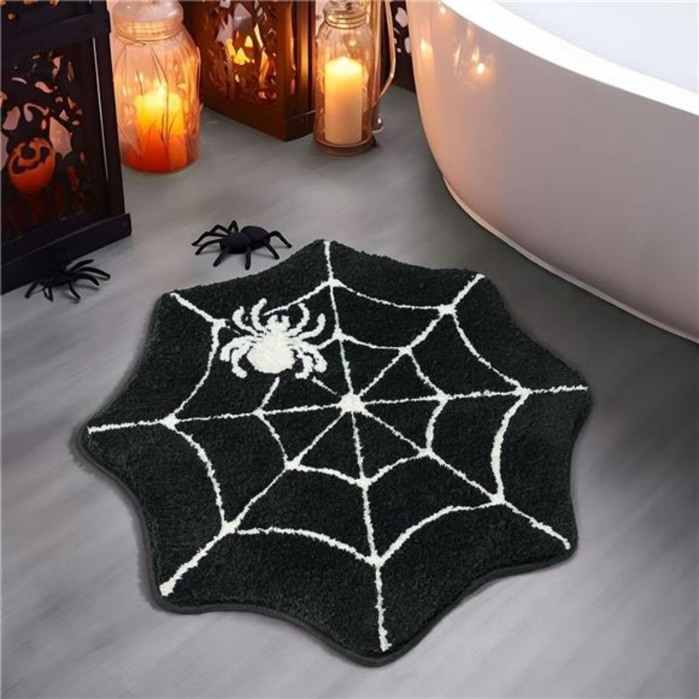 Halloween Bathroom Rugs Spider Webs Round Mats Non Slip Black Washable 28"x28"
